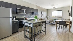 Fridge, dining tables