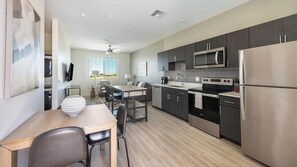 Fridge, dining tables