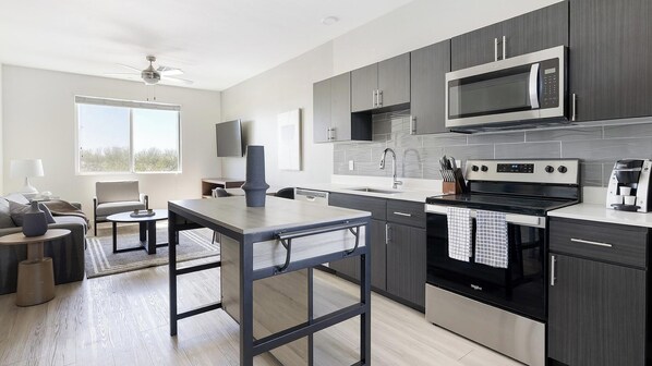 Fridge, dining tables