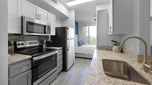 Fridge, dining tables