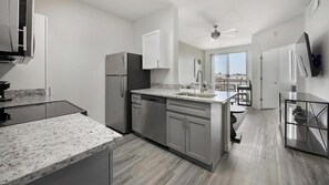 Fridge, dining tables