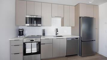 Fridge, dining tables