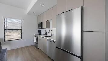 Fridge, dining tables