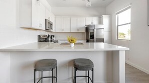 Fridge, dining tables