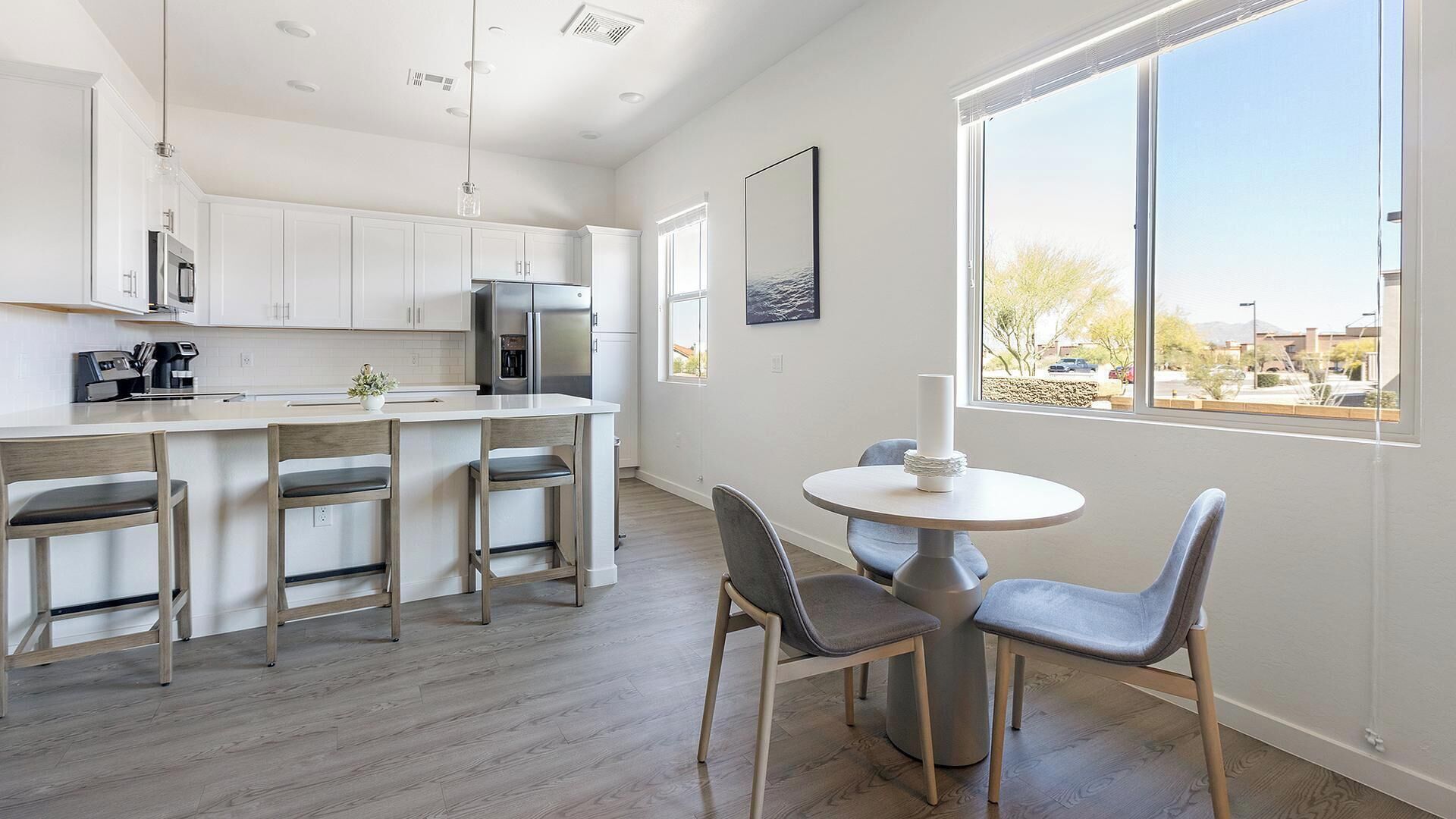 Fridge, dining tables