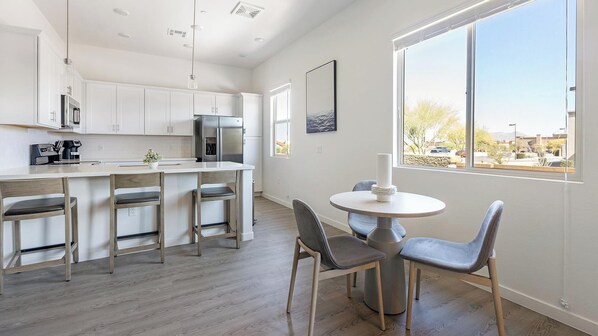 Fridge, dining tables