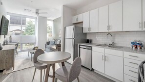 Fridge, dining tables