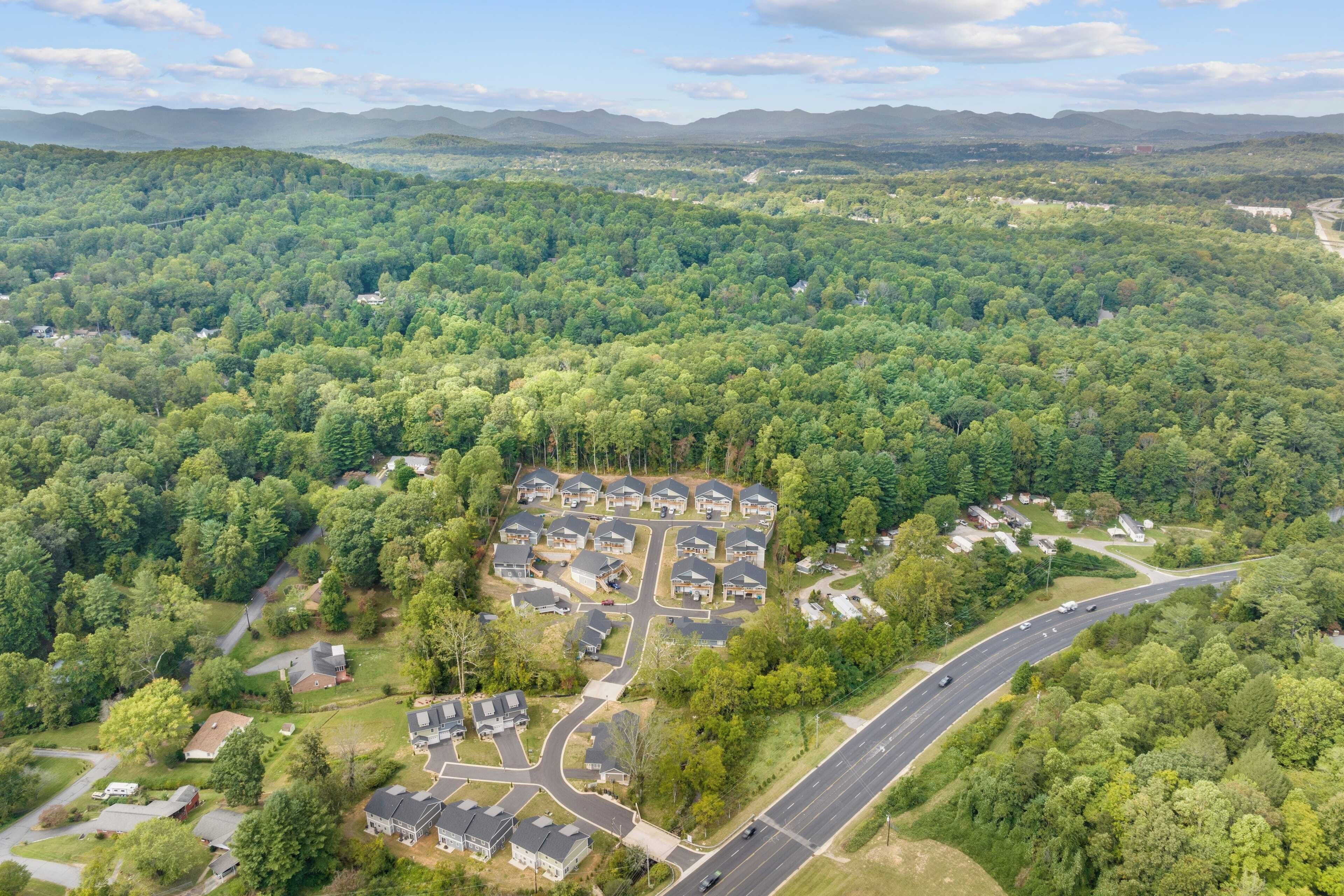 Vista aérea de una zona residencial con un conjunto de casas rodeadas de un bosque denso.