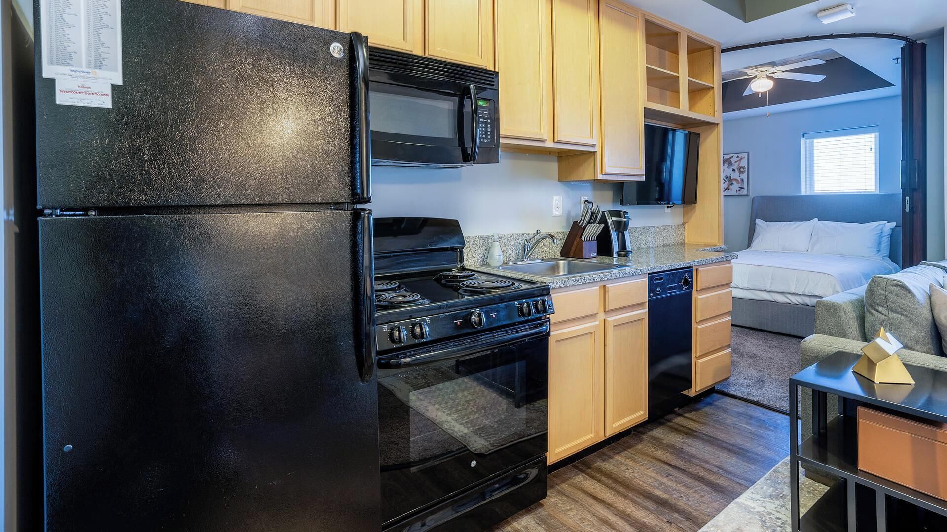 Fridge, dining tables