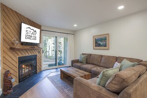 Smart TV, fireplace, books, stereo