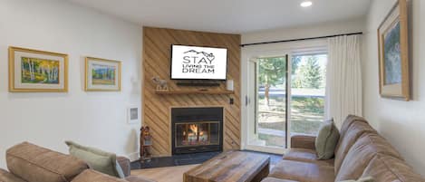 Smart TV, fireplace, books, stereo