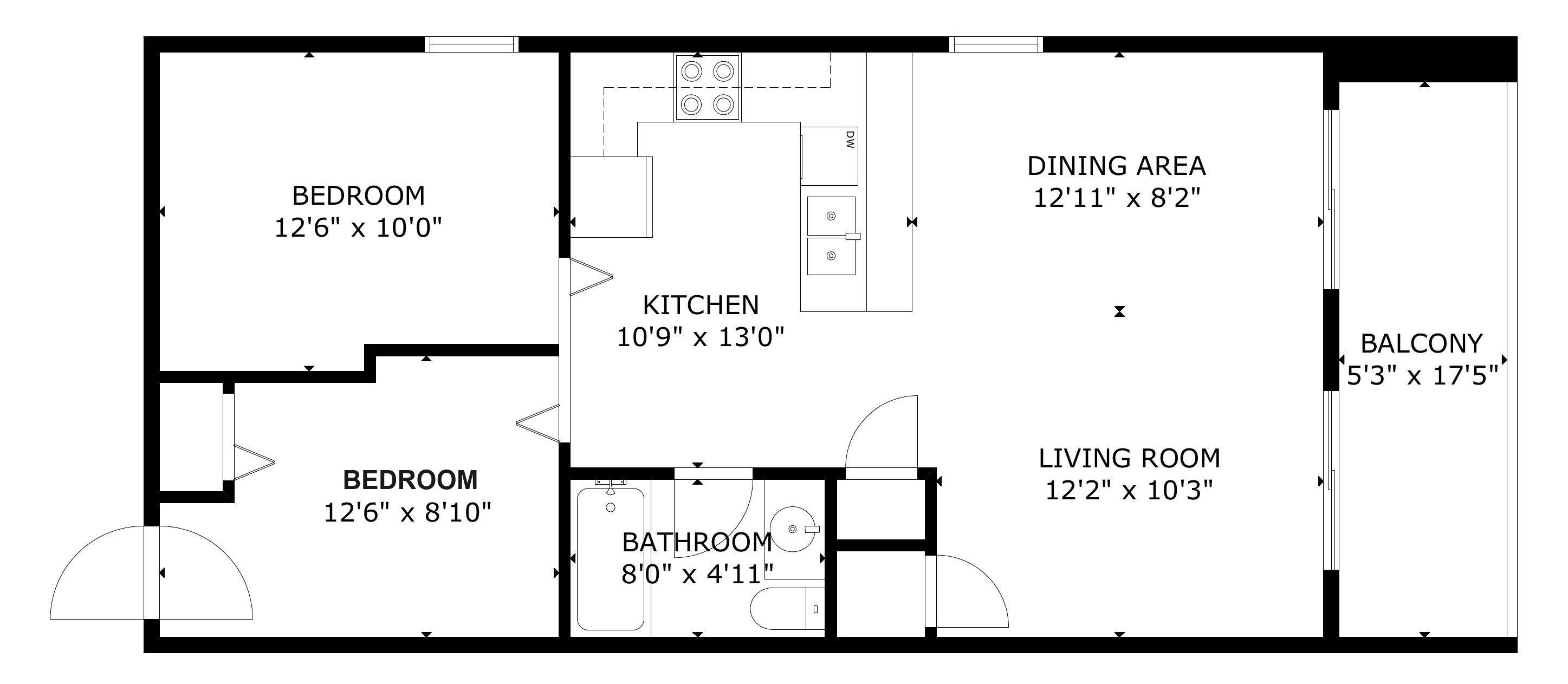 A floor plan with two bedrooms, a kitchen, a dining area, a living room, a bathroom, and a balcony.