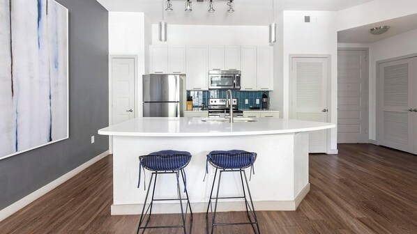 Fridge, dining tables