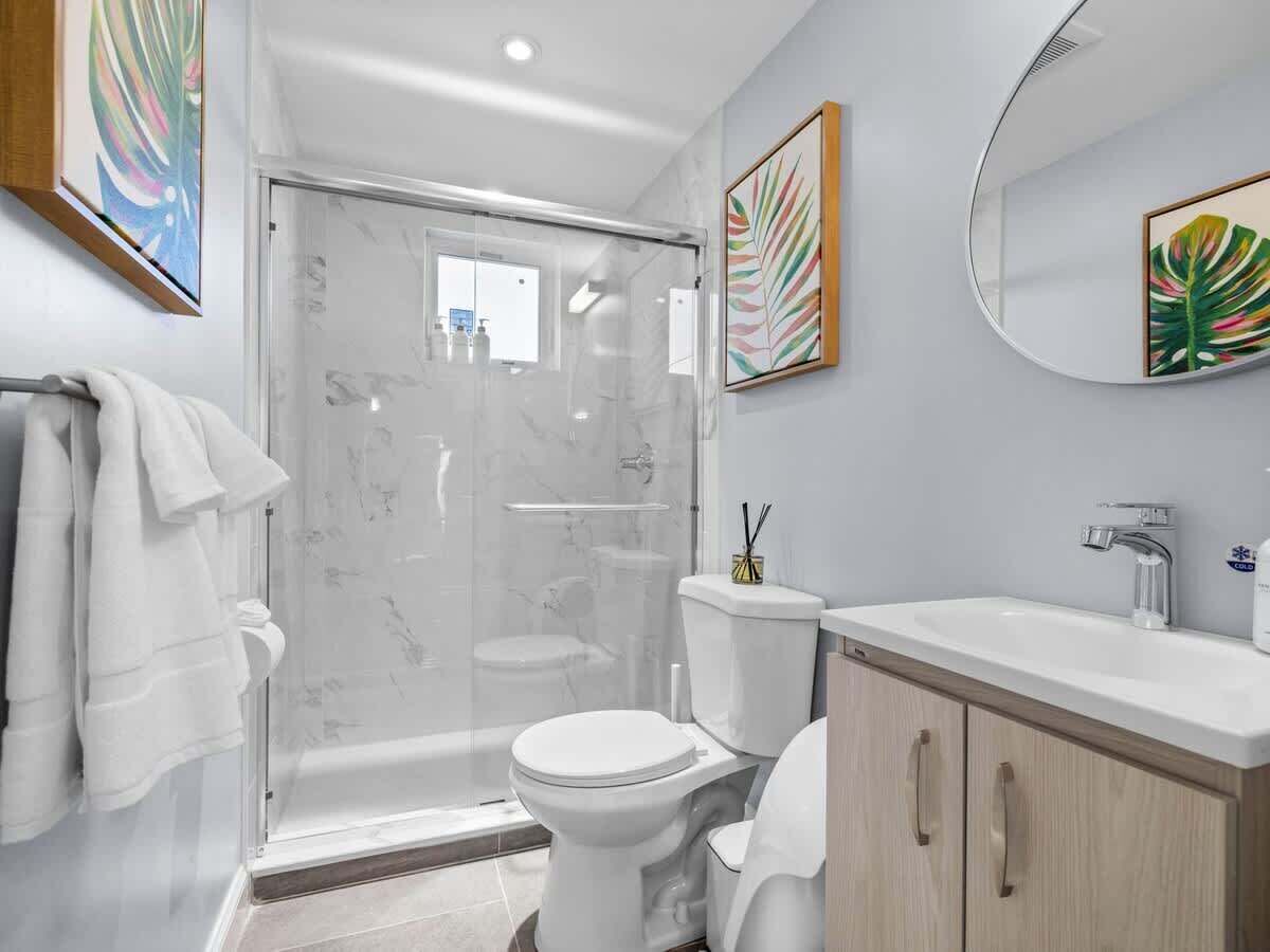 Hair dryer, towels, soap, shampoo