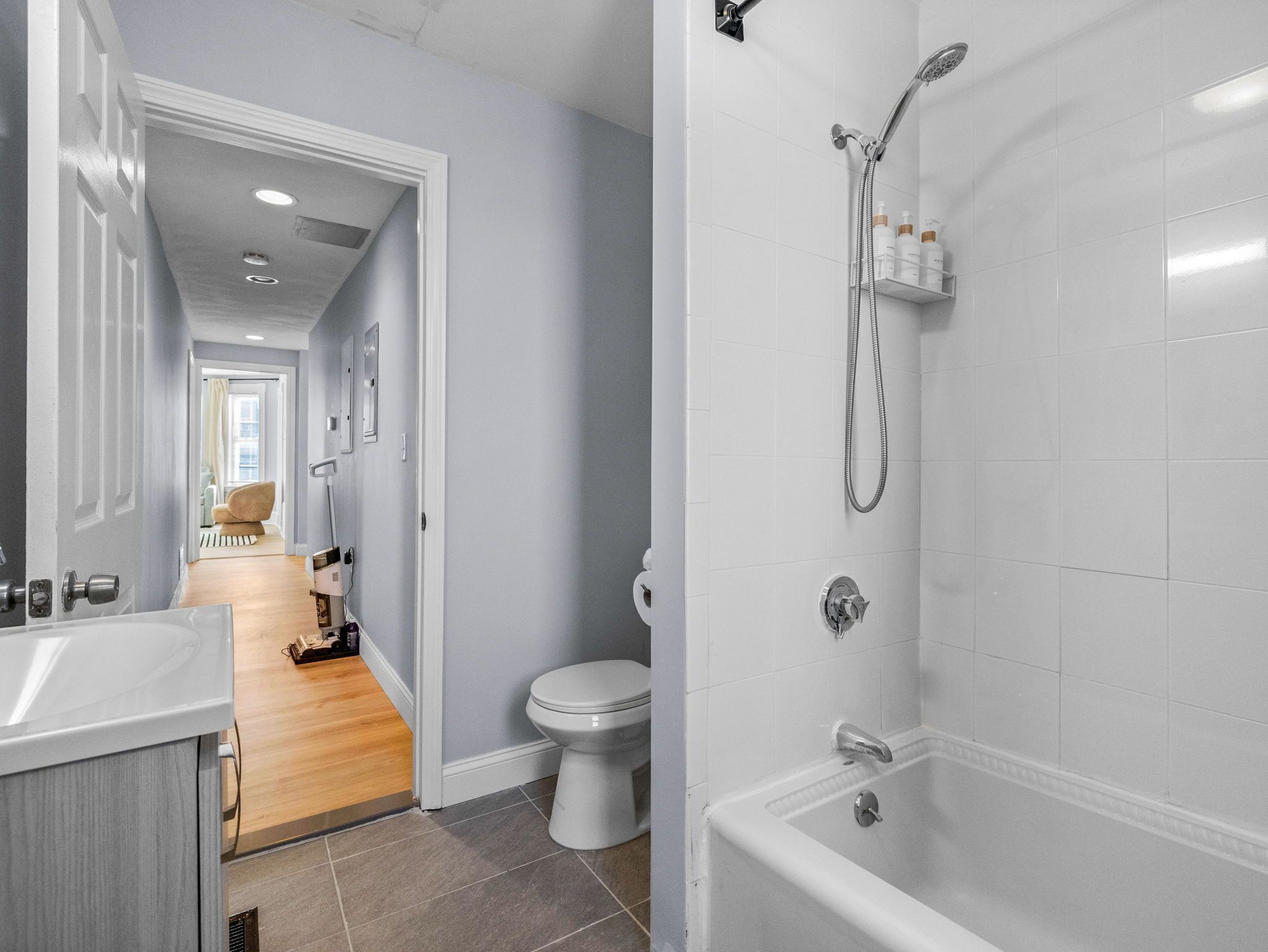Hair dryer, towels, soap, shampoo