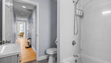 Hair dryer, towels, soap, shampoo