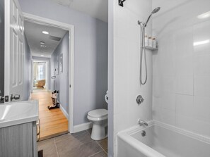 Hair dryer, towels, soap, shampoo