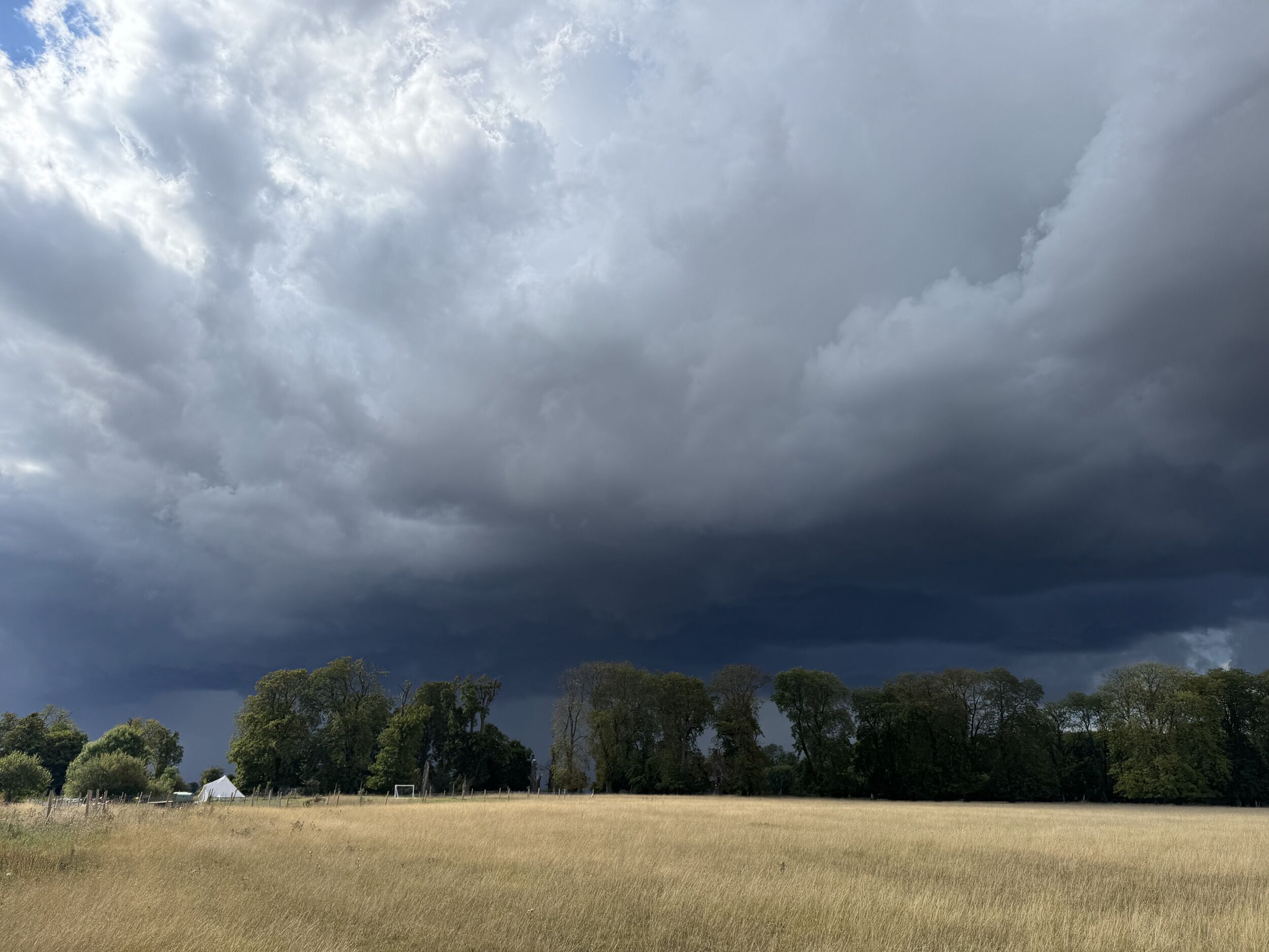 Un campo con un edificio blanco y árboles bajo un cielo nublado.