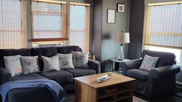 Een smart-tv, een open haard en boeken