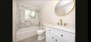 Hair dryer, towels, soap, toilet paper