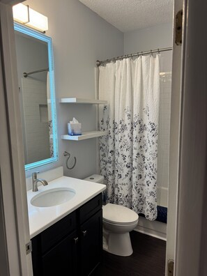 Secadora de cabello, toallas, jabón, papel de baño 
