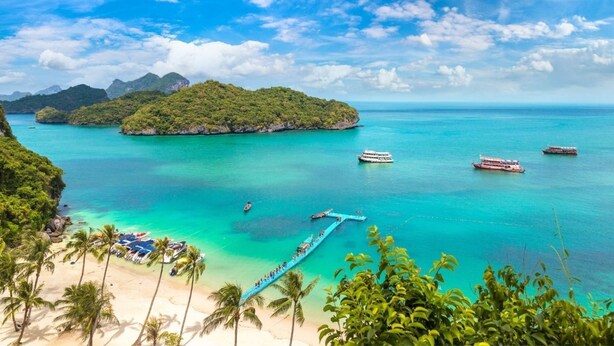 Una playa tropical con aguas turquesas cristalinas, barcos y un muelle.