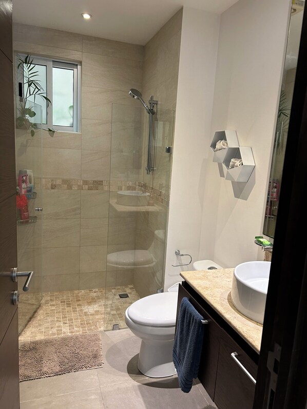 Shower, hair dryer, towels, soap