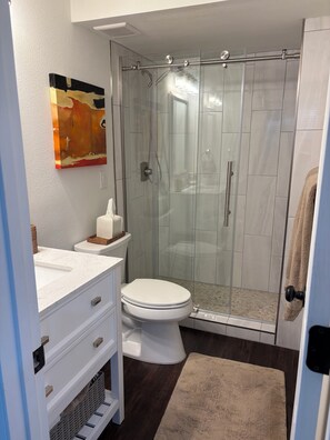 Shower, hair dryer, towels, soap