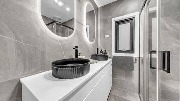 Hair dryer, towels, soap, shampoo
