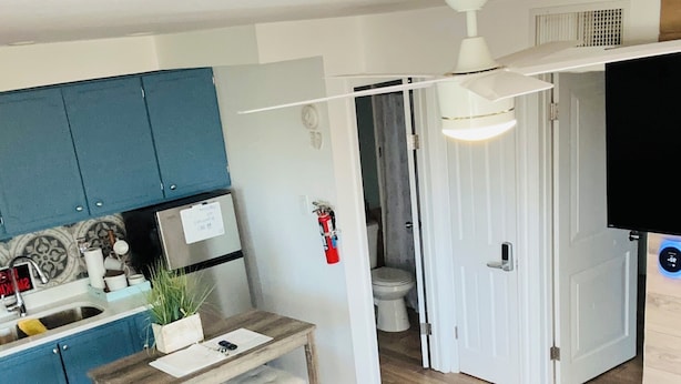 A compact living space with a kitchenette, a dining area, a sofa, and a TV.