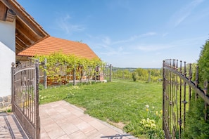 A vineyard with a red-tiled roof building, a paved pathway, and a metal gate.