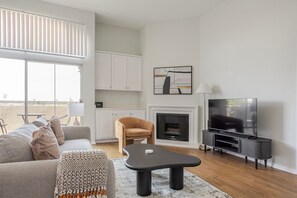 Télévision, cheminée, chaîne hi-fi