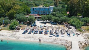 A beachside property with multiple sun loungers and umbrellas, a parking area, and a building with balconies. - Hotel Nika Radhime (Vlorë)