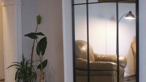 A room with a large mirror, a leather sofa, a potted plant, and a framed picture on the wall. - Hotel White House (Tbilisi)