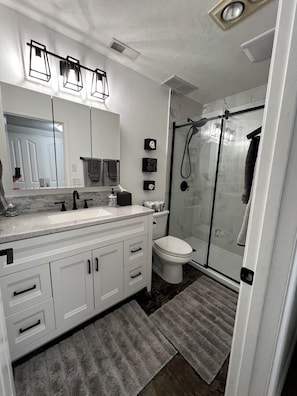 Hair dryer, towels, soap, toilet paper