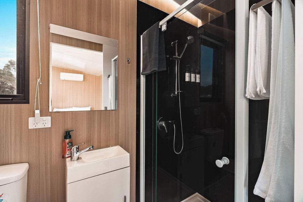 Shower, hair dryer, towels, shampoo