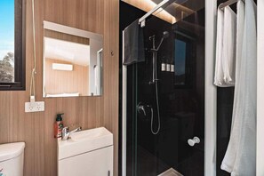Shower, hair dryer, towels, shampoo