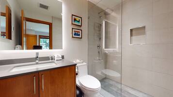 Hair dryer, towels, soap, toilet paper