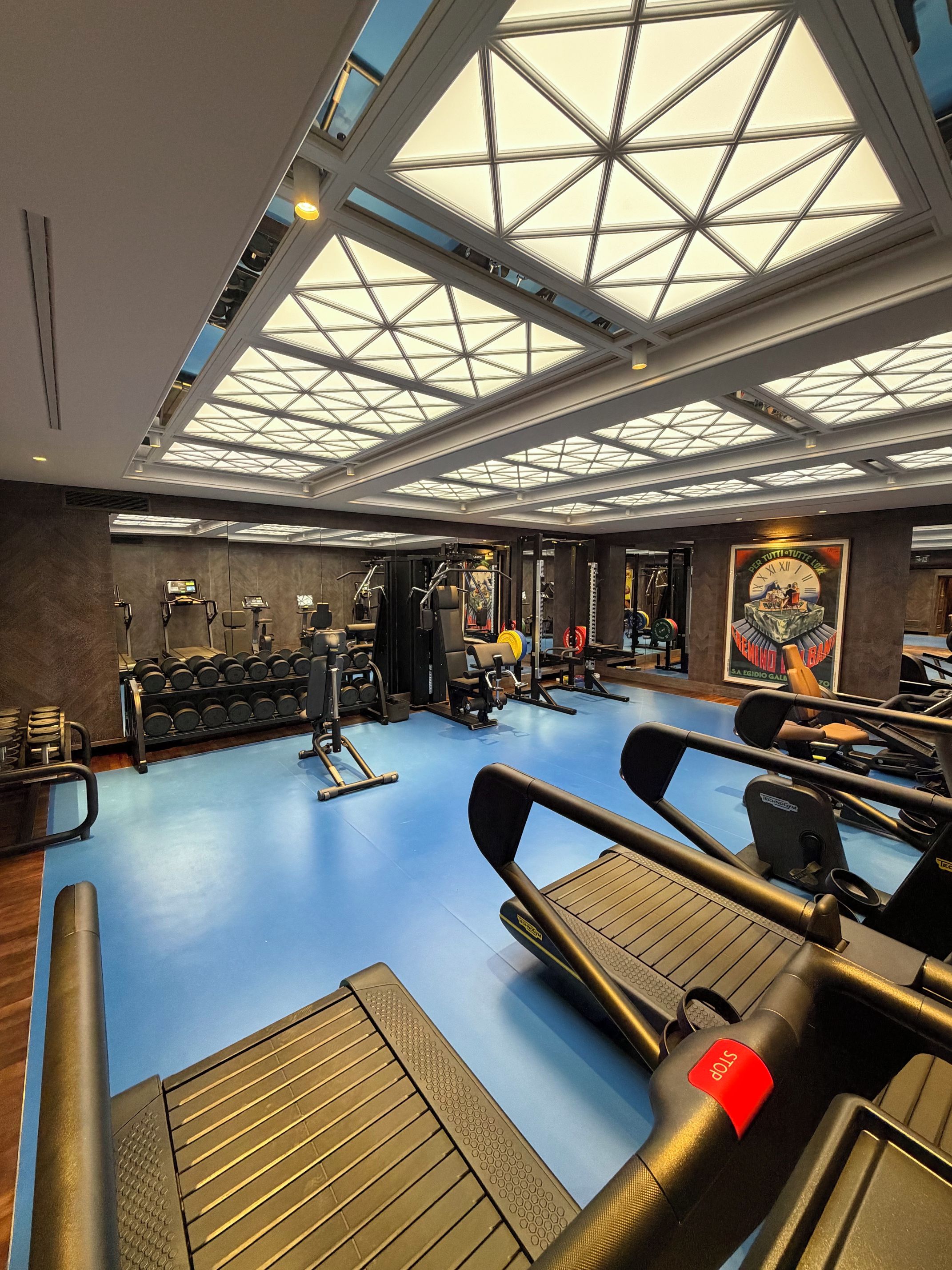 Ein Fitnessraum mit Trainingsgeräten, blauem Boden und einer Dachfenster-Decke.