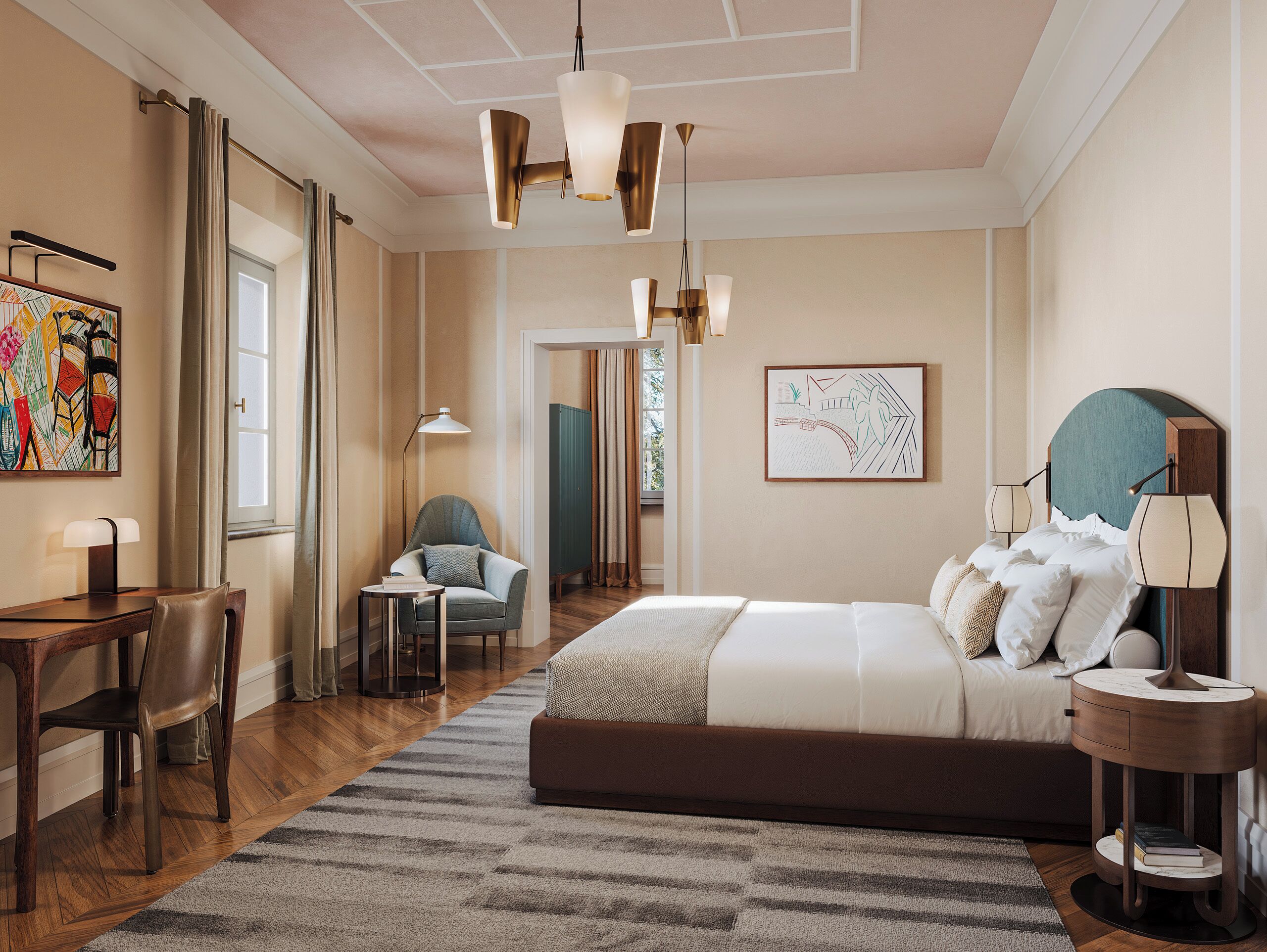 A hotel room with a large bed, a desk, a chair, and a small table. There is a window with curtains, a painting on the wall, and a map.