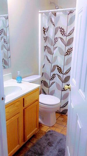 Shower, towels, toilet paper