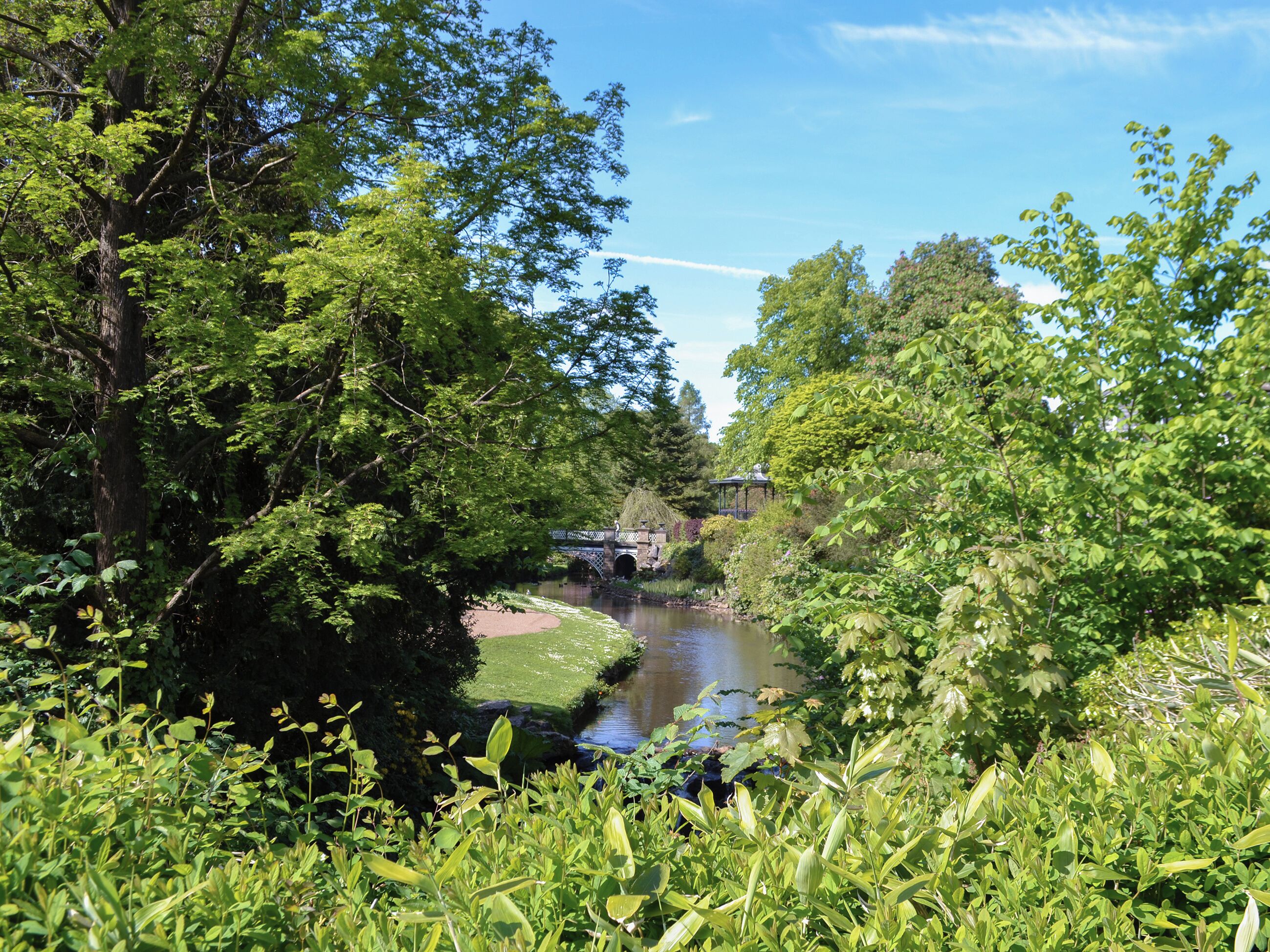 Een rivier omringd door weelderige begroeiing en een stenen brug.