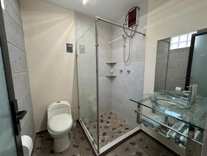Shower, towels, soap, shampoo