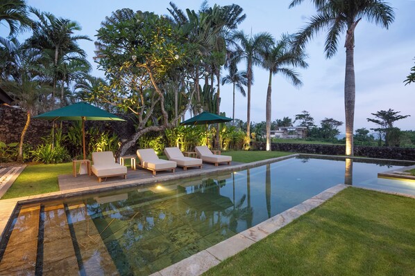 A pool area with lounge chairs and umbrellas, surrounded by palm trees and a stone wall.