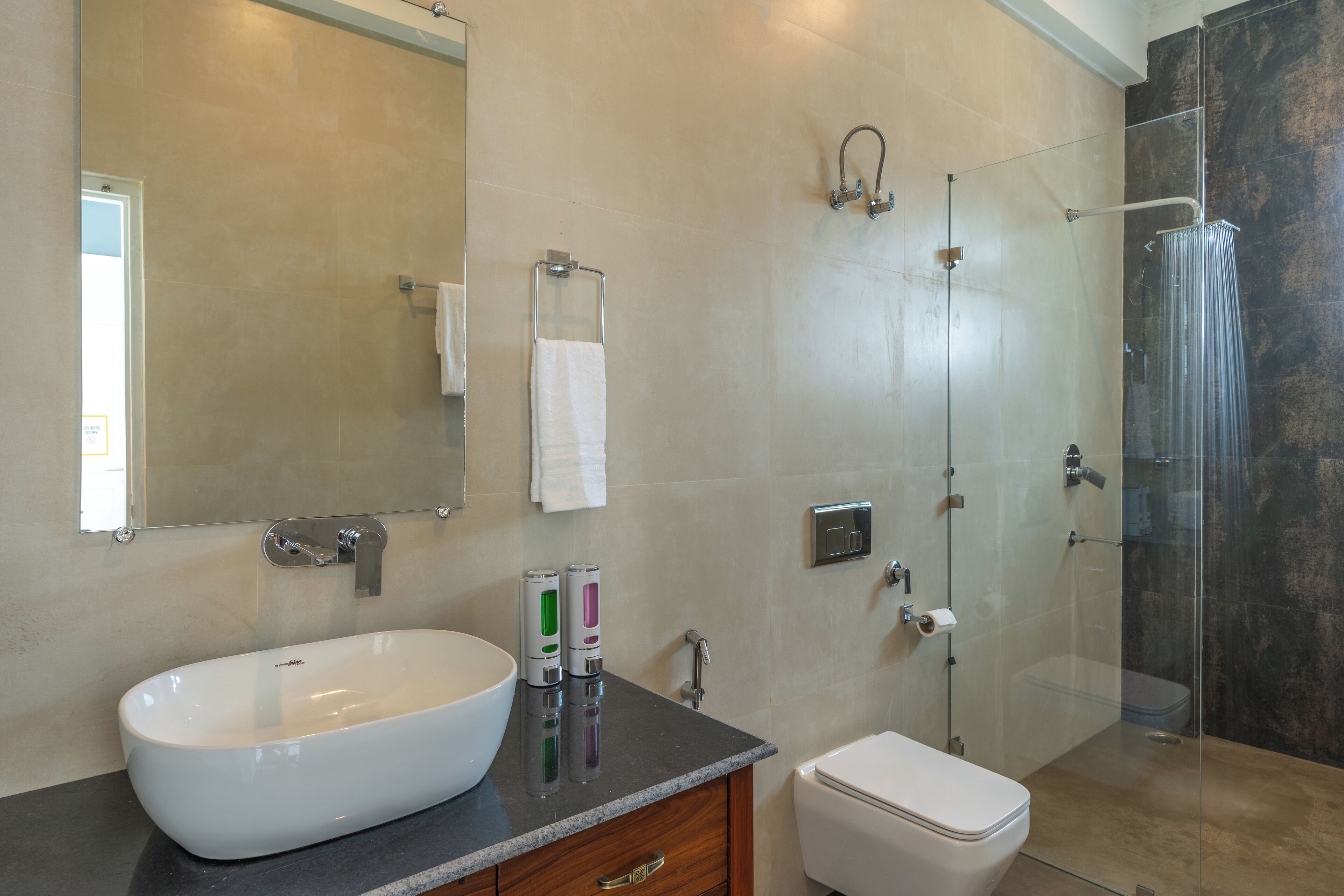 A modern bathroom with a large white sink, a glass shower enclosure, and a toilet.