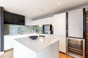 Fridge, microwave, dishwasher, coffee/tea maker