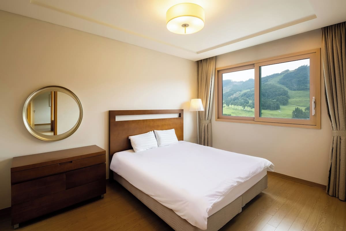 A hotel room with a bed, a dresser, a round mirror, a window with a view of the countryside, and a ceiling light.