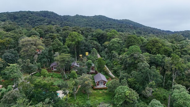 Ein abgelegenes Resort mit mehreren Häusern, umgeben von dichtem Wald und Hügeln.