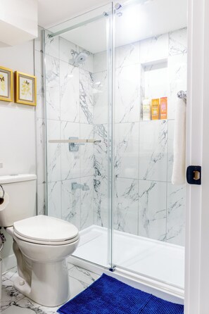 Hair dryer, towels, soap, shampoo