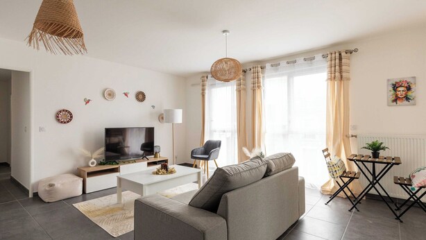 A modern living room with a grey sofa, a TV, and a small wooden table with a plant. - Charming Apartment  2BR/4P - Near to Lyon (Caluire-et-Cuire)